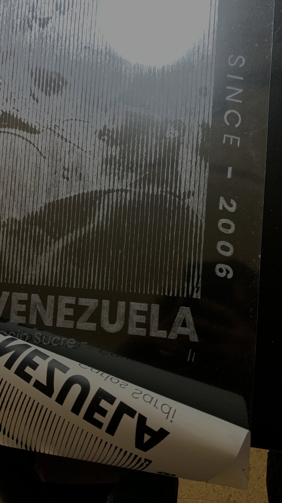 The scratched acetate plate held up to light — lines visible against transparency