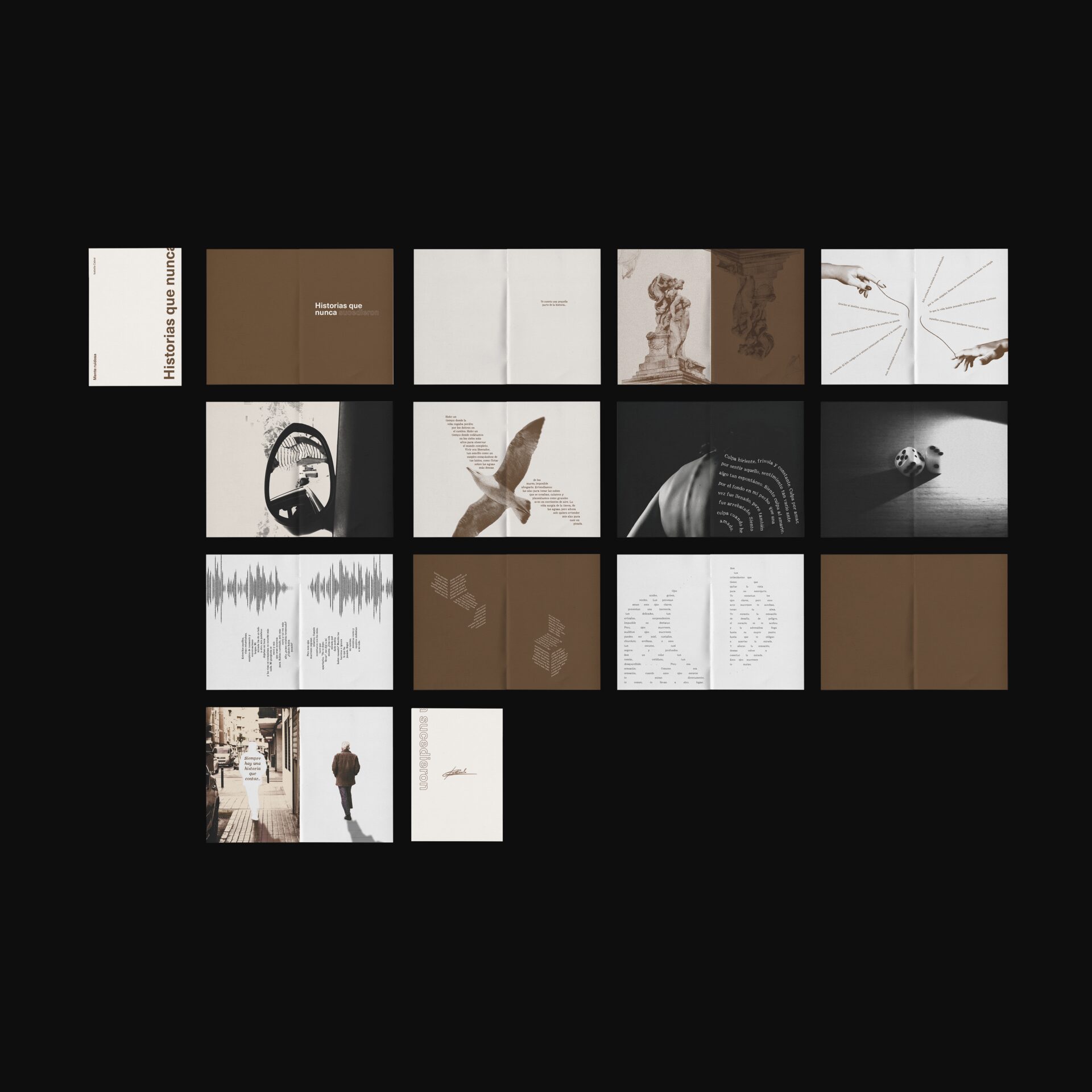 Historias — text following the shadow of a back, symbolising the weight of guilt