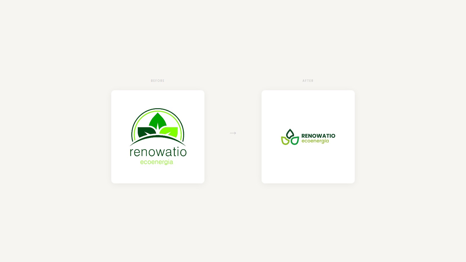 Before and after comparison — old circular badge versus new clean three-leaf mark