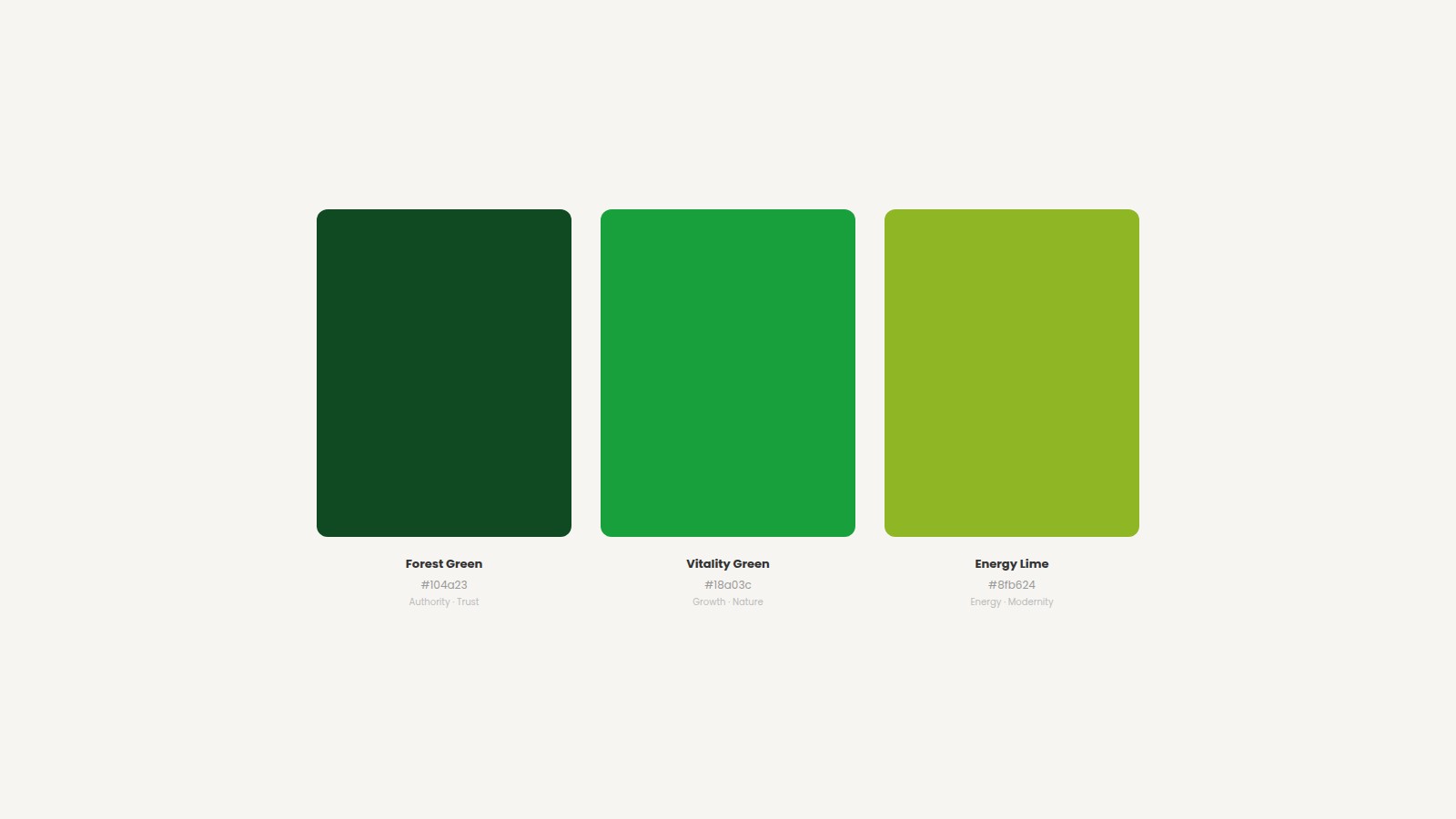 Three-colour palette — Forest Green, Vitality Green, and Energy Lime with hex codes