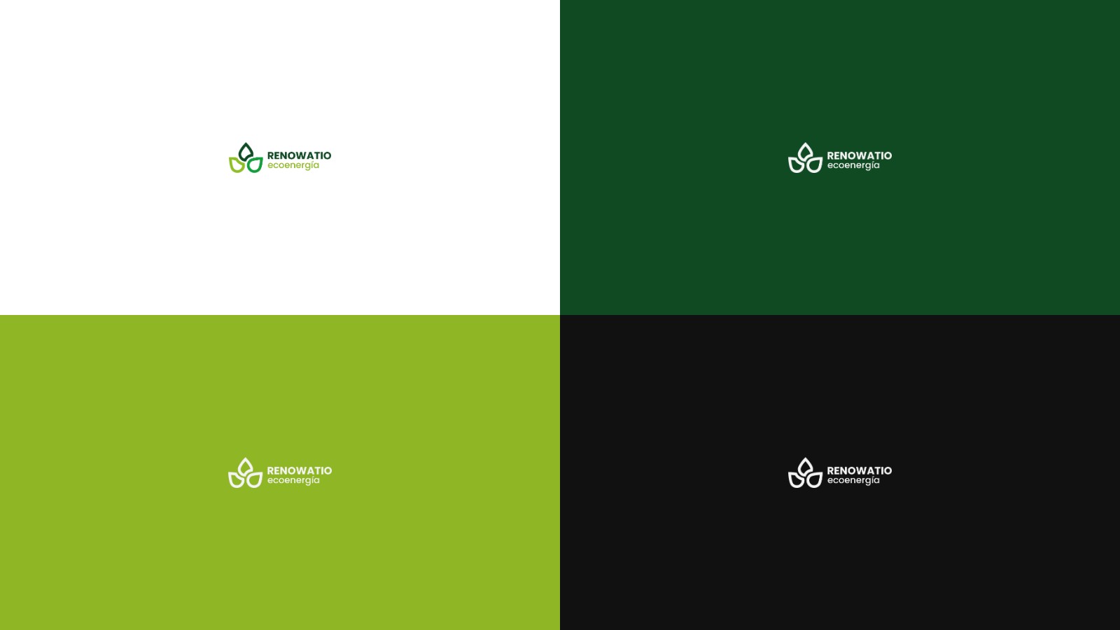 Logo on four backgrounds — white, dark green, lime, and black