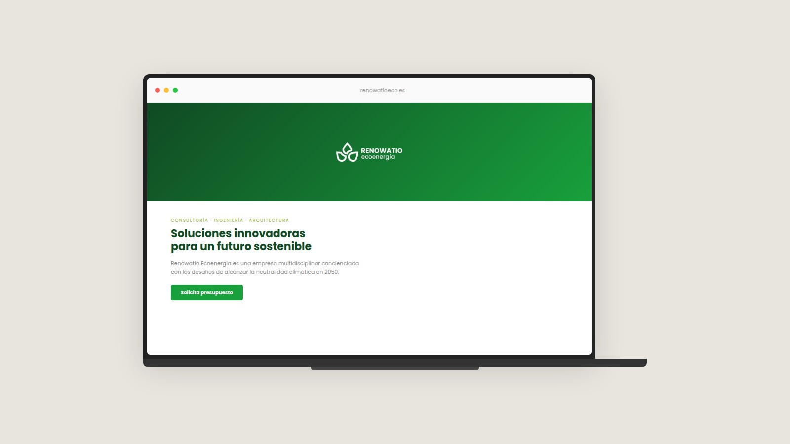 Website mockup showing the logo in context on renowatioeco.es