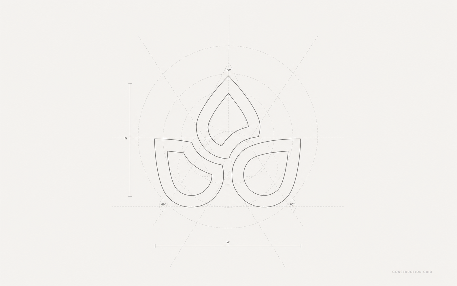 Logo construction grid showing the geometric guidelines, circles, and proportions behind the mark