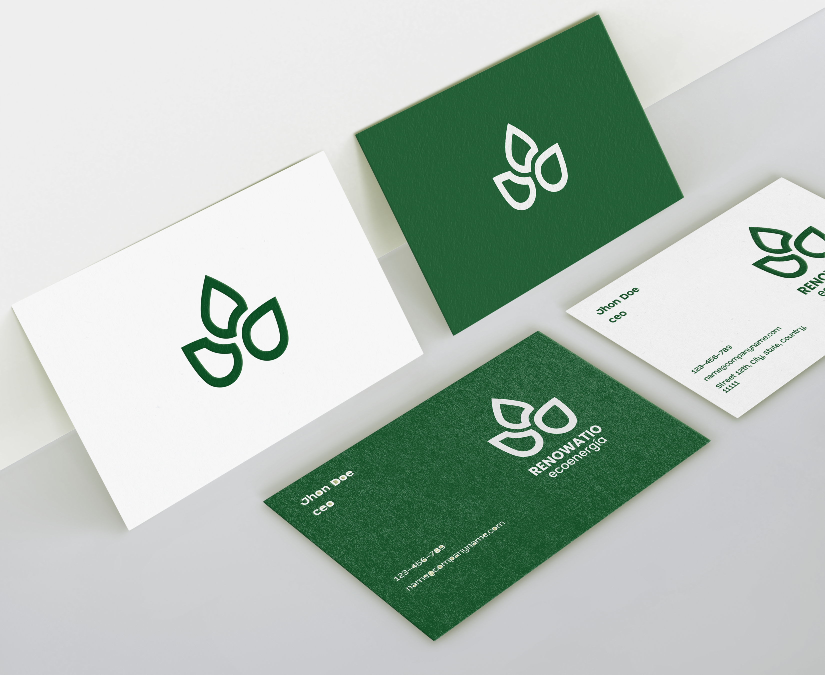 Business card mockup — front with logotype and contact details, back with mark on dark green